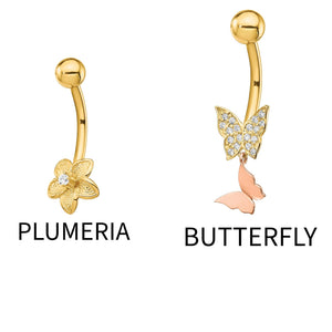 14K gold plumeria belly button ring and butterfly dangle belly button ring