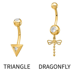14K gold triangle belly button ring and dragonfly dangle belly button ring
