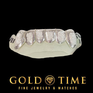 White gold 6 tooth diamond dust box grillz on a bottom mold