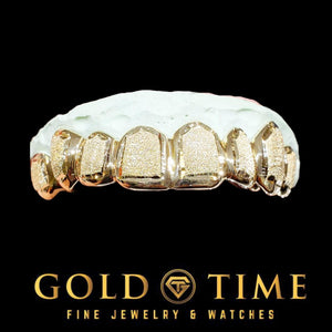 Yellow gold diamond dust box grillz with perm cuts on a top mold