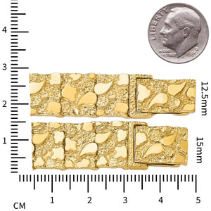 Two wide 14K gold nugget bracelets labeled 12.5mm and 15mm on a centimeter ruler beside a dime