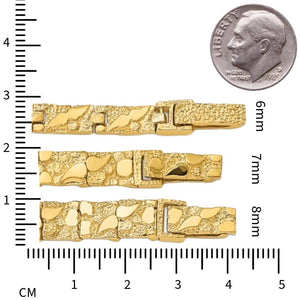 Three narrow 14K gold nugget bracelets labeled 6mm, 7mm, and 8mm on a centimeter ruler beside a dime