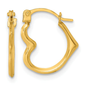 14K yellow gold small heart hoop earrings, side and front