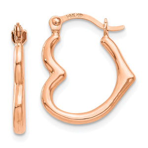 14K rose gold small heart hoop earrings, side and front