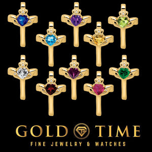 Ten 14K yellow gold Claddagh cross pendants showing every heart gemstone color