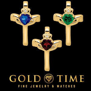Three 14K yellow gold Claddagh cross pendants with blue, red, and green heart stones