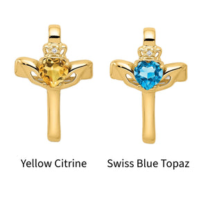 14K yellow gold Claddagh cross pendants with yellow citrine and Swiss blue topaz hearts