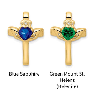 14K yellow gold Claddagh cross pendants with blue sapphire and green helenite hearts