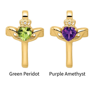 14K yellow gold Claddagh cross pendants with green peridot and purple amethyst hearts