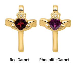 14K yellow gold Claddagh cross pendants with red garnet and rhodolite garnet hearts