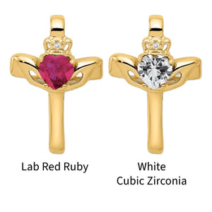 14K yellow gold Claddagh cross pendants with lab red ruby and white cubic zirconia hearts
