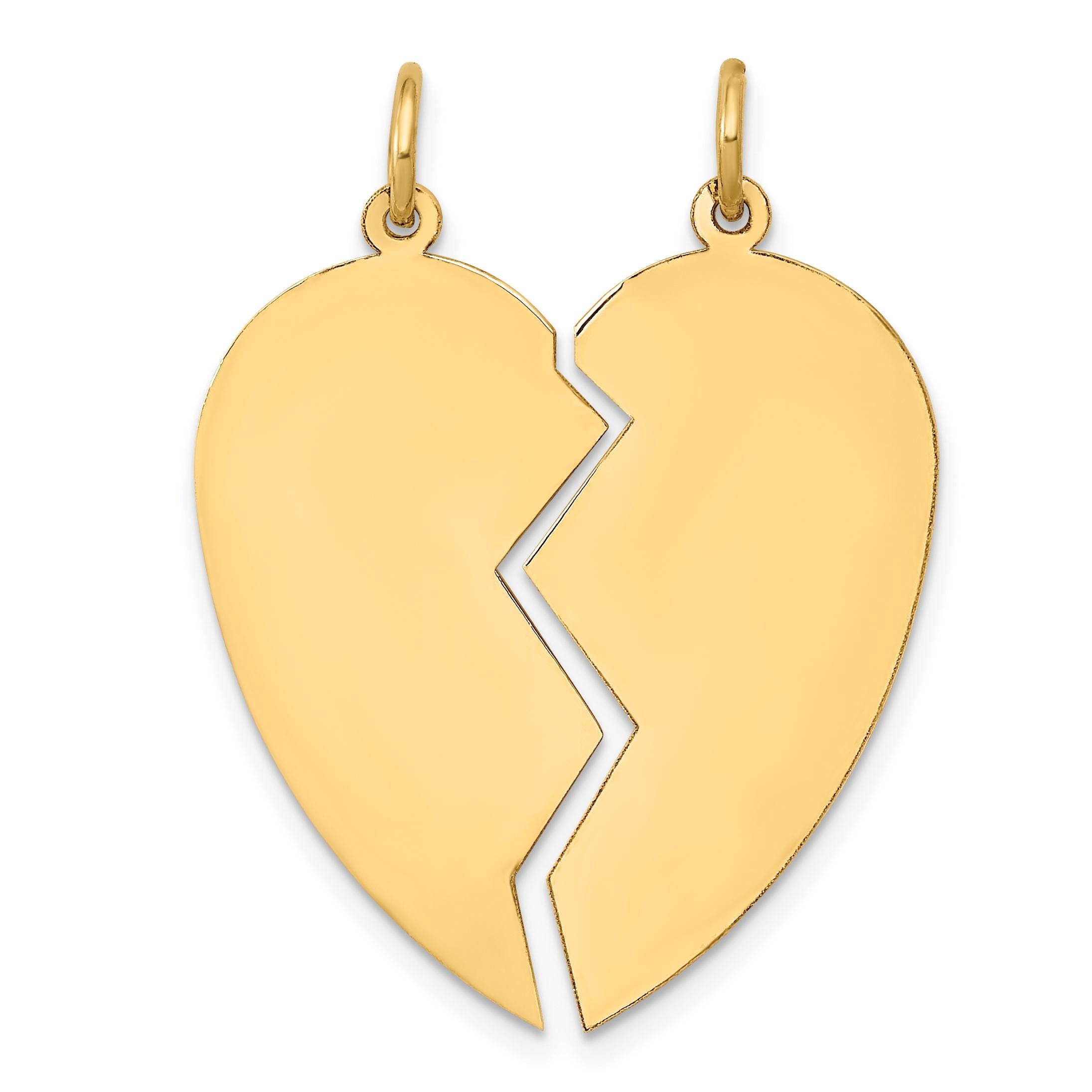 14k Gold Broken Heart Pendant  Custom Engraved Split Heart Necklace  Yellow or White Gold  Polished Finish  Matching Friendship Gift
