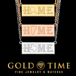 State HOME bar necklaces in yellow gold, rose gold, and silver, including a Texas state cutout
