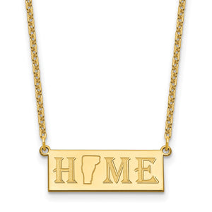 Yellow gold HOME bar pendant necklace with a state silhouette cutout in place of the O