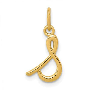 Yellow gold lowercase script letter s charm with a polished finish and open bail