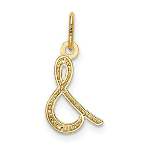 Back of the lowercase script letter s gold charm showing the textured reverse