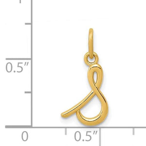 Yellow gold script s initial charm next to a ruler showing it is just under 1 inch tall with bail