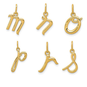 Lowercase script initial charms in yellow gold, letters m, n, o, p, r, and s