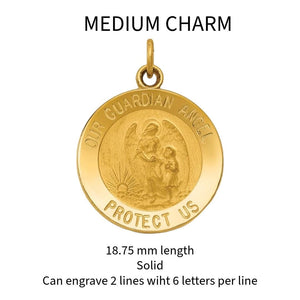 Medium solid 14K gold guardian angel medal charm, 18.75mm, engravable with 2 lines