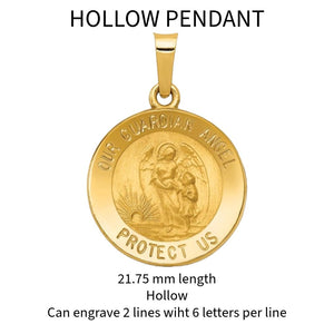 Hollow 14K gold guardian angel medal pendant, 21.75mm, reading Our Guardian Angel Protect Us
