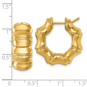 14K gold bamboo hoop earrings beside a ruler, measuring about 1.25 inches