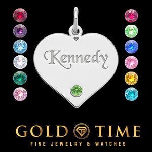 Sterling silver heart pendant engraved Kennedy with a green birthstone, framed by twelve birthstone color options on a black Gold Time card