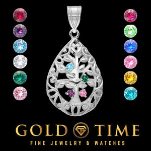 Sterling silver teardrop Tree of Life pendant with openwork branches and colored birthstones, shown with the birthstone color options