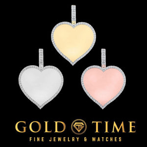10k gold diamond heart pendants in yellow, white and rose gold with polished centers ready for a photo or engraving