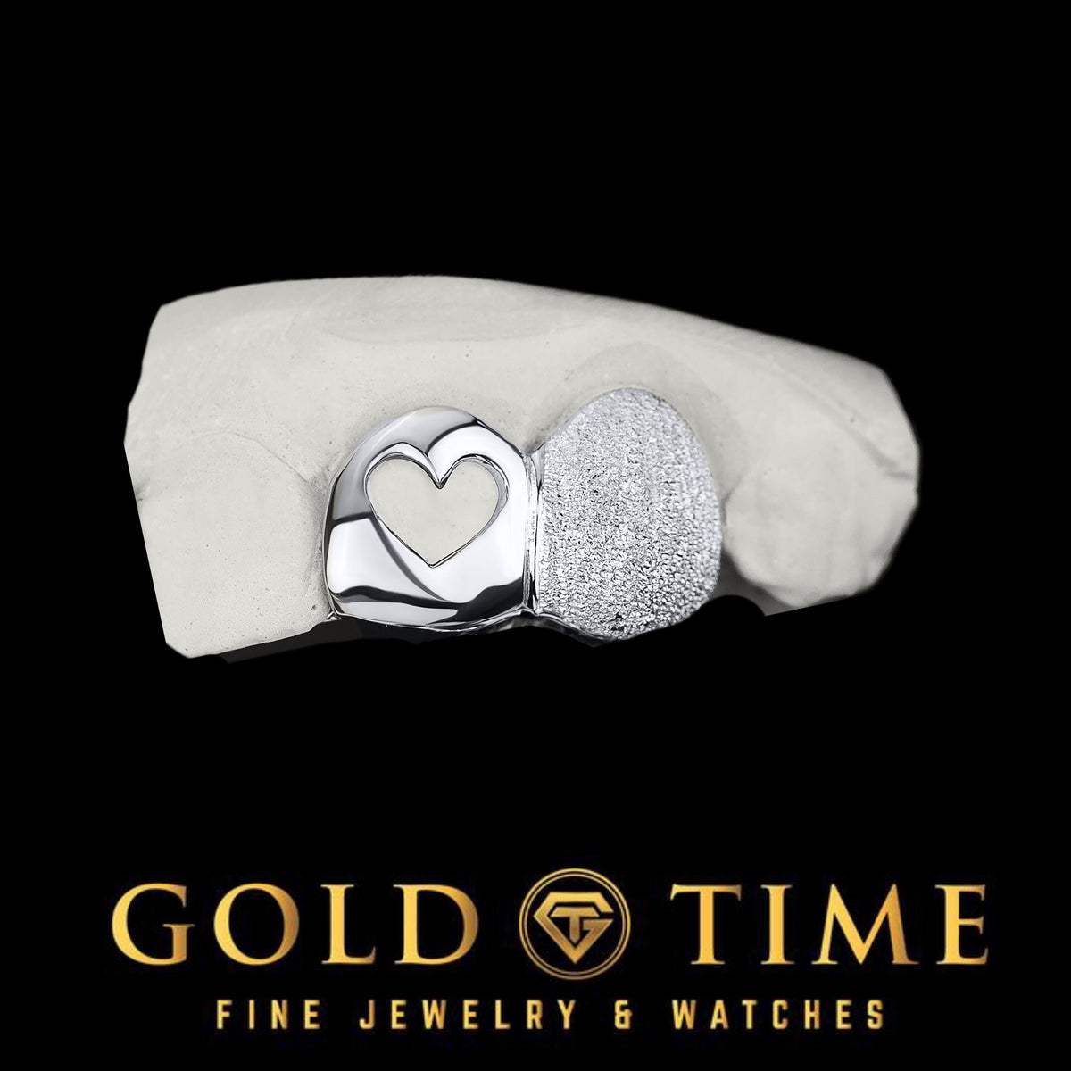 Custom Double Tooth Cap Grillz with Heart Cutout & Diamond Dust | Handmade Open Face Grill | Personalized Custom Grillz with Impression Kit