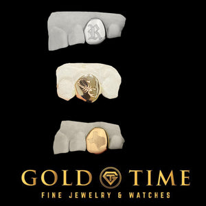 Single cap grillz with custom engraving: white gold with an Old English R, yellow gold with a scorpion, and rose gold with a Texas state outline