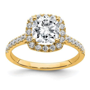 14K yellow gold cushion moissanite halo engagement ring, angled view