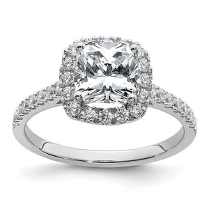 14K white gold cushion moissanite halo engagement ring, angled view