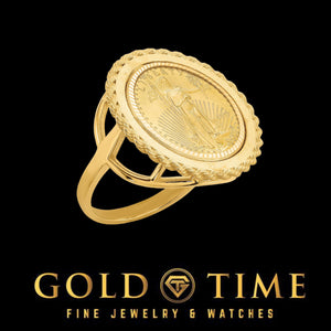 Women's yellow gold coin ring with a rope edge bezel holding a 1/10 oz American Eagle gold coin on an open split band, black background with the Gold Time logo