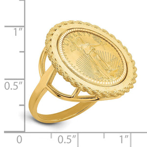 Women's gold rope edge American Eagle coin ring beside a ruler showing the coin top is under one inch