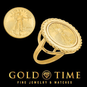 1/10 oz American Eagle gold coin shown beside the women's rope edge coin ring