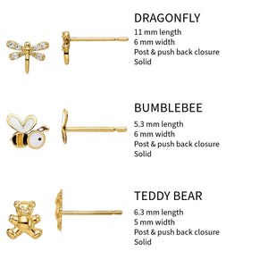 Dragonfly, bumblebee, and teddy bear 14k gold kids stud earrings with size and closure details