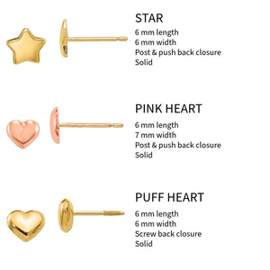 Star, pink heart, and puff heart 14k gold kids stud earrings with size and closure details