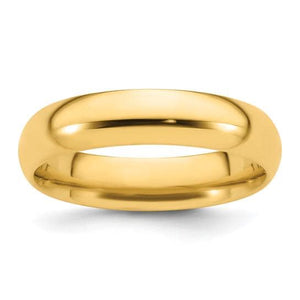 Yellow gold 5mm domed wedding band at an angle showing the polished comfort fit profile