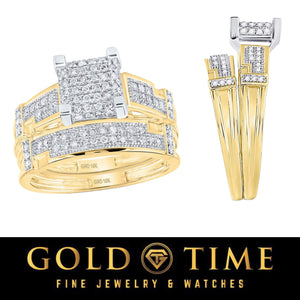 10K gold diamond engagement ring and matching women's band shown together and in profile