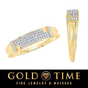 Men's 10K gold pave diamond wedding band shown from the front and in profile