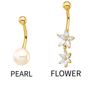 14K gold pearl belly button ring and flower dangle belly button ring with stones