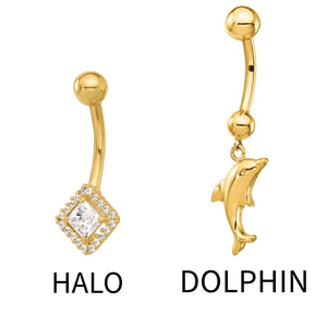 14K gold halo belly button ring with a square stone and a dolphin dangle belly button ring