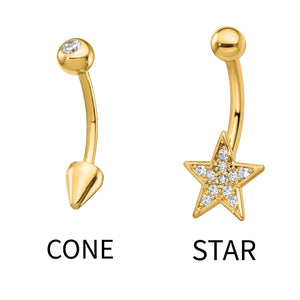 14K gold cone belly button ring and star belly button ring with stones