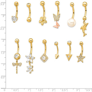 Twelve 14K gold belly button ring designs next to a ruler for scale