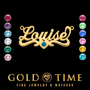 Yellow gold script nameplate necklace reading Louise with a bezel set birthstone in the scroll below the name, shown with birthstone color options