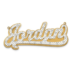 Two tone 3D script nameplate reading Jordan with a diamond set underline tail