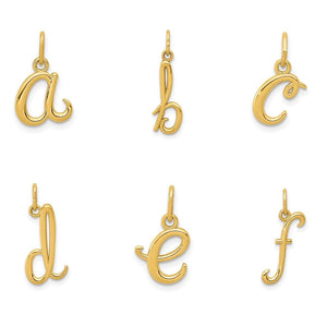 Lowercase script initial charms in yellow gold, letters a through f