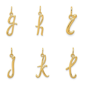 Lowercase script initial charms in yellow gold, letters g through l