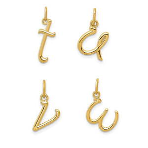 Lowercase script initial charms in yellow gold, letters t, u, v, and w