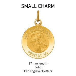Small solid 14K gold guardian angel medal charm, 17mm, engravable with 3 letters